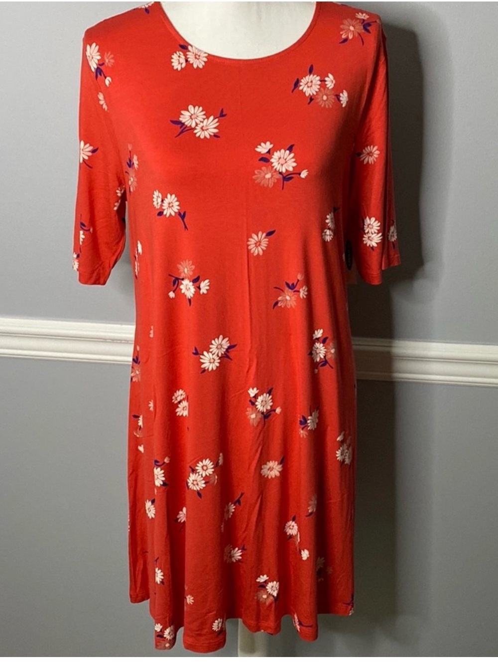 Old Navy Coral Red Floral Super Soft Swing Dress 3/4 Sleeves Size Large. Cotton
